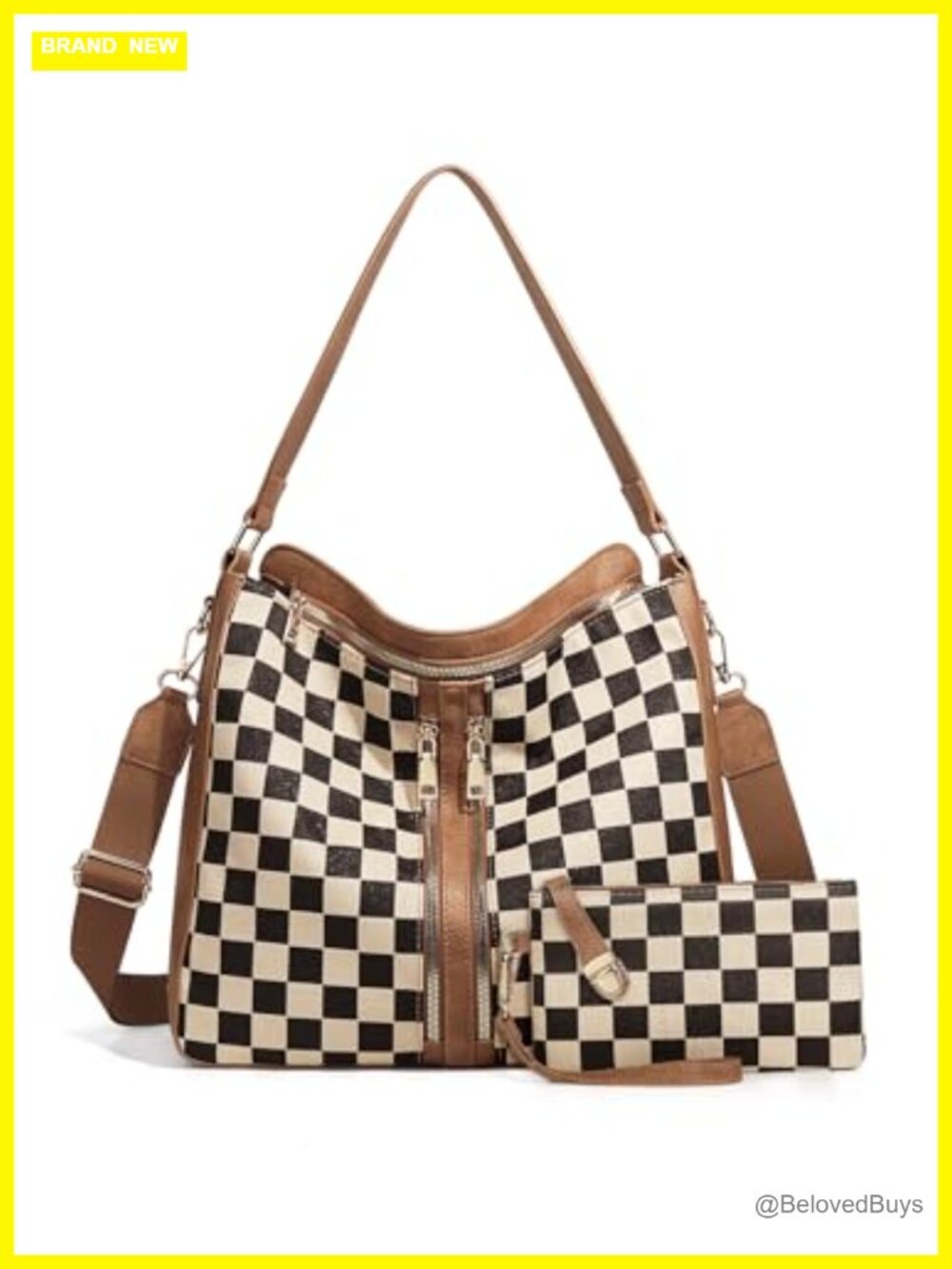 Checkered PU Leather Canvas Hobo Shoulder Bag with Adjustable Strap
